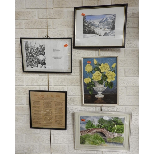 4 - Three amateur paintings by Sangster, including the Roman Bridge near Tarvin, also two framed prints ... 