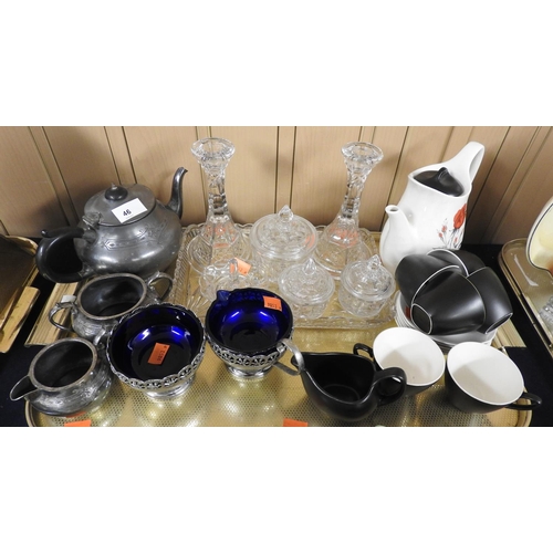 46 - Victorian pewter tea wares, moulded glass dressing table set, retro coffee service etc (1 tray)