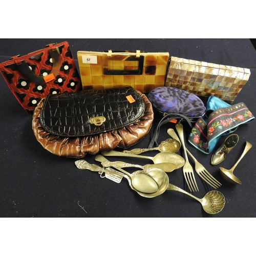 57 - Decorative evening and clutch bags, and a small amount of plated ware including a boot pincushion et... 