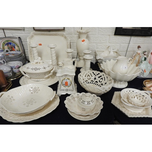 9 - Royal creamware including candlesticks, cabaret tray, tureen, bowls, mantel clock etc