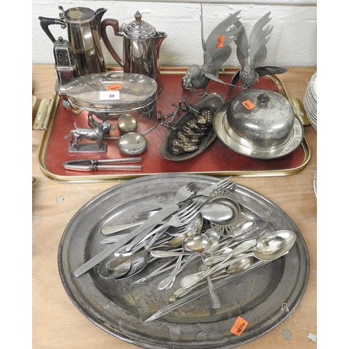 30 - Mixed silver plated wares including oval biscuit box, pair of cock fighting ornaments, hot water jug... 