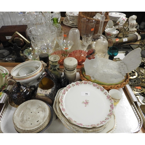 70 - Assorted glassware and ceramics including pair of cranberry frilled bowls, celery vase, hen on nest ... 