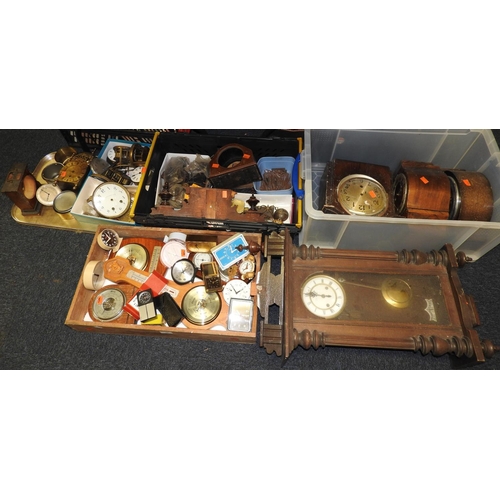 79 - Assorted clock spares including movements, cases, modern clocks and barometers (4 boxes)