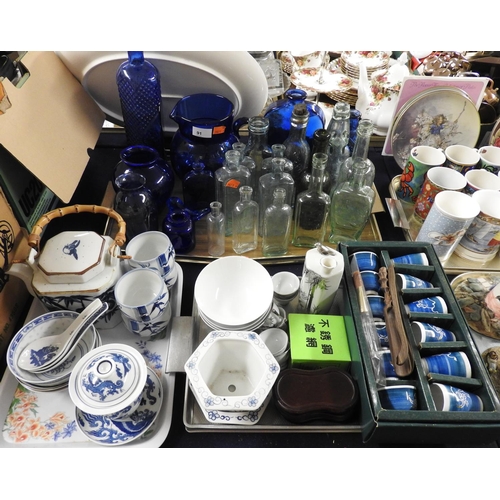 91 - Victorian and later bottles, blue glass jug and other blue glassware, Japanese tea wares and sake se... 