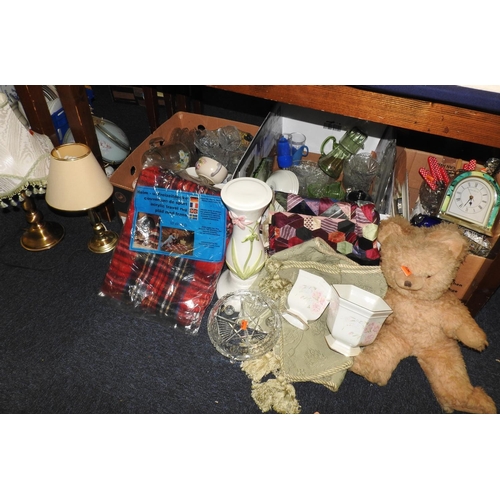 93 - Household wares including mixed glassware, ceramics, table lamps, patchwork square, teddy bear etc