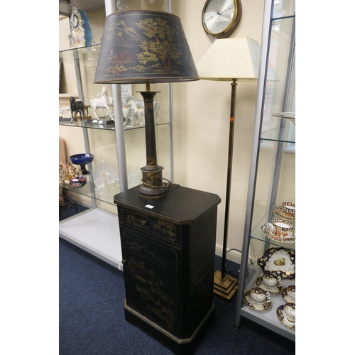 587 - Decorative chinoiserie finished bedside cabinet, width 46cm, height 75cm, also a decorative toleware... 