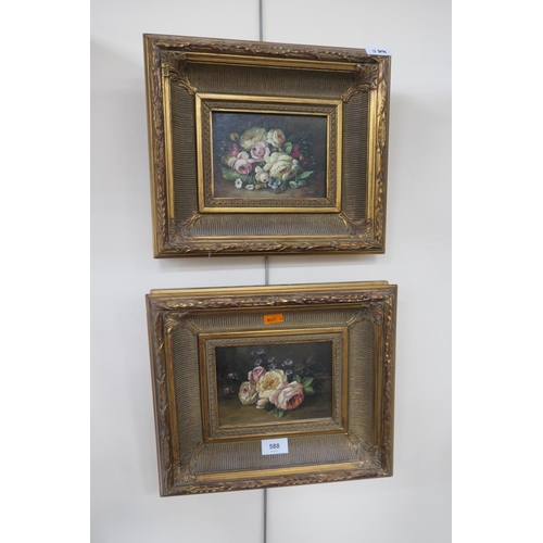 588 - Pair of gilt framed still life floral oil paintings, 28cm 33.5cm with the frames