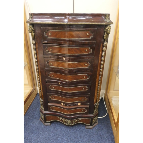 596 - French walnut and brass mounted serpentine fronted pillar chest, height 102cm