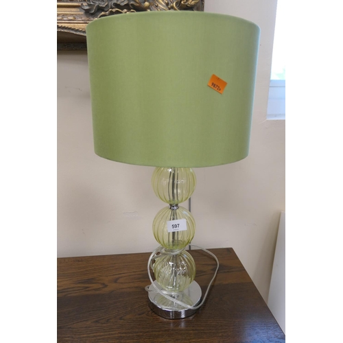 597 - Decorative modern green tinted glass table lamp, height to the top of the shade 56cm