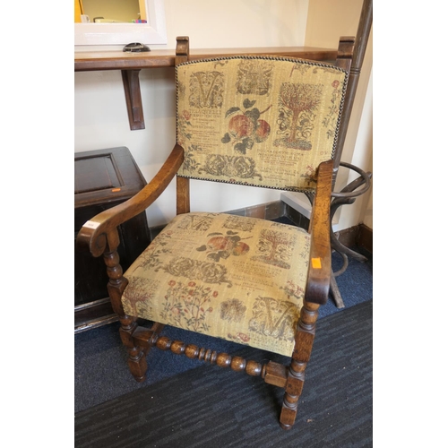 608 - Quality oak and tapestry upholstered armchair, width 58cm