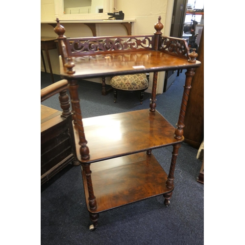 615 - Victorian burr walnut three tier whatnot with original pot castors, width 51cm, height 106cm