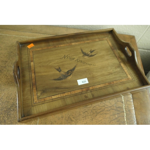 625 - French olivewood and marquetry serving tray decorated with Swallows and the motto 'Nous Reviendrons'... 