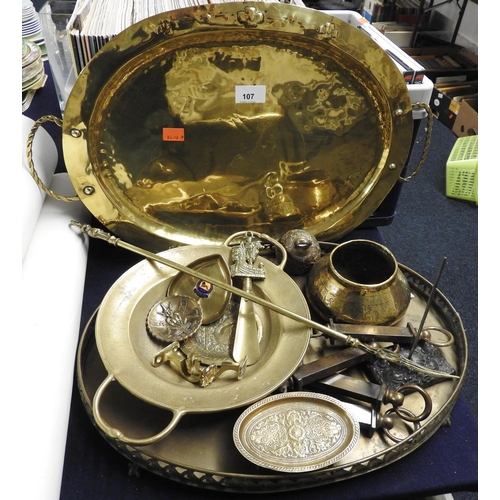 107 - Arts and Crafts period brass oval serving tray, other mixed brass and metalware