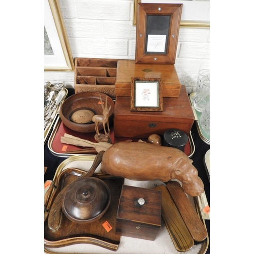 11 - Treen items including boxes, Georgian tea caddy, oak crumb tray with brush, carved wooden hippo etc ... 