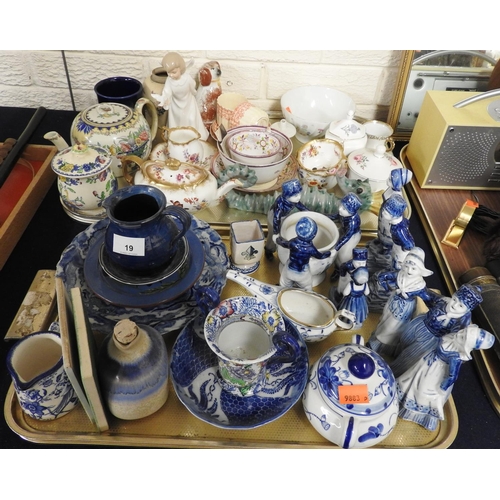 19 - Decorative Victorian and later ceramics including teaware, ornamental delftware etc (2 trays)