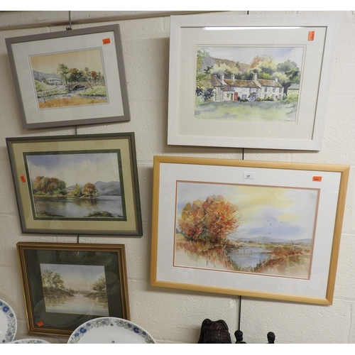 27 - Five contemporary framed watercolour landscapes including Jenny Holland and Marie Mapstone