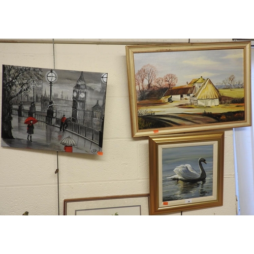 39 - Gilt framed oil painting of a mute swan, oil painting of a farmstead and a London scene oil painting... 