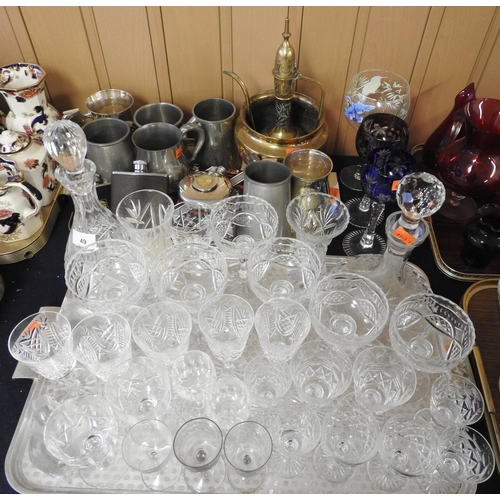 49 - Assorted glassware including two coloured overlay hock glasses, decanters, assorted pewter and silve... 