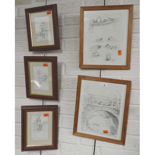 5 - After E H Shepherd, five framed Winnie the Pooh prints