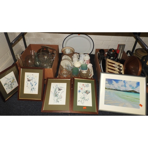 6 - Household ceramics, glassware and mixed utensils, also a small number of framed prints (3 boxes)