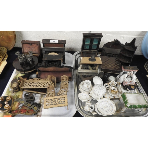 68 - Assortment of doll's house furniture and teaware, also a Victorian china fairing (2 trays)