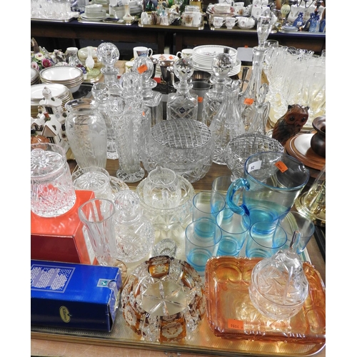 82 - Mixed glassware including Edinburgh crystal decanter, other decanters, vases, bowls, blue glass lemo... 