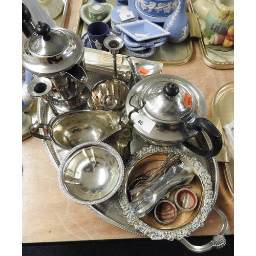 86 - Mixed silver plated ware including bottle coaster, oval serving tray, wick scissors etc