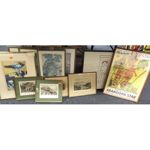 88 - Assorted prints including Blue Star Cruising print and four framed engravings etc