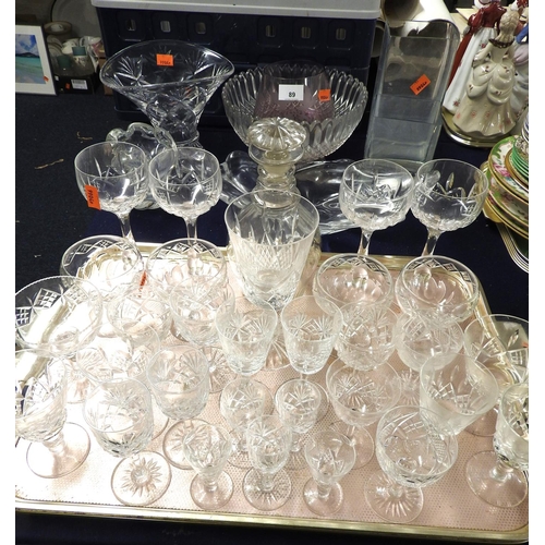 89 - Assorted glassware including triple ring neck mallet decanter, pedestal glasses, Orrefors glass vase... 