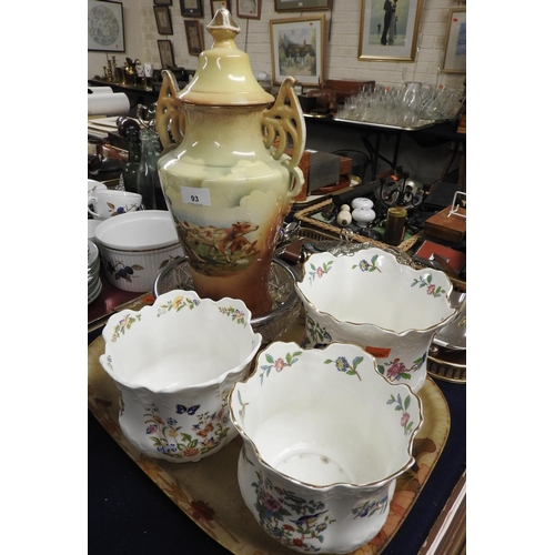 93 - Large Staffordshire lidded vase, Aynsley Pembroke pattern jardinieres, moulded glass salad bowl