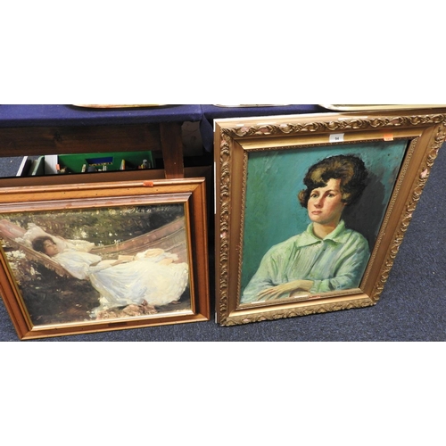 94 - Gilt framed oil painting of a woman, signed with initials 'HW', also a framed print (2)