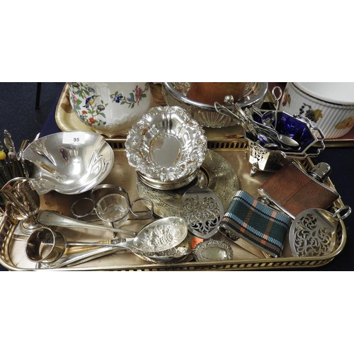 95 - Assorted silver plated ware including sugar basket, various spoons, coaster, spirit flask etc