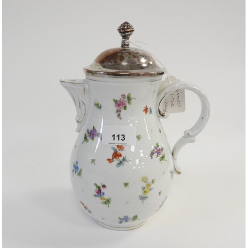 113 - Carl Thieme, Potschappel porcelain jug, with silver plated mount, blue painted mark, height 25.5cm