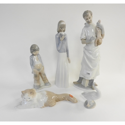 120 - Lladro porcelain figure 'First Born', also a Lladro goose, Nao cat and two further Spanish porcelain... 