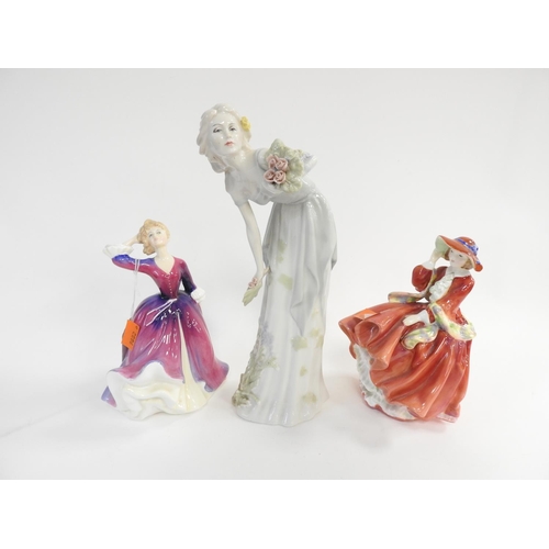 144 - Royal Doulton china figure 'Melissa', also 'Top o' the hill' and a Royal Doulton Reflections figure ... 