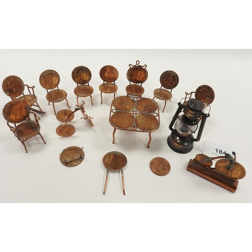 184 - Collection of novelty coin and bent copper wire dolls house furniture, also a miniature storm lanter... 