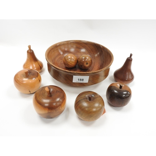 188 - Turned wooden bowl and a number of turned treen fruits