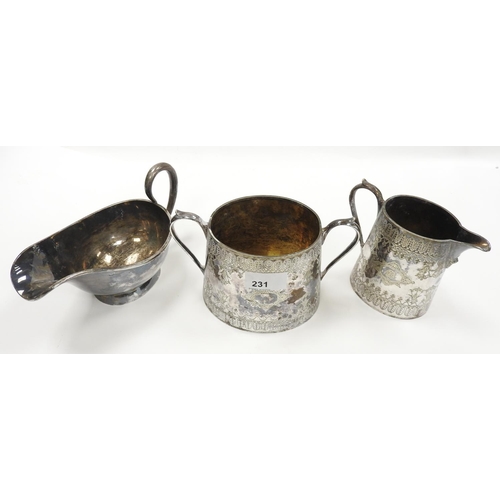 231 - Victorian silver plated sucrier and matching milk jug, also a silver plated gravy boat (3)