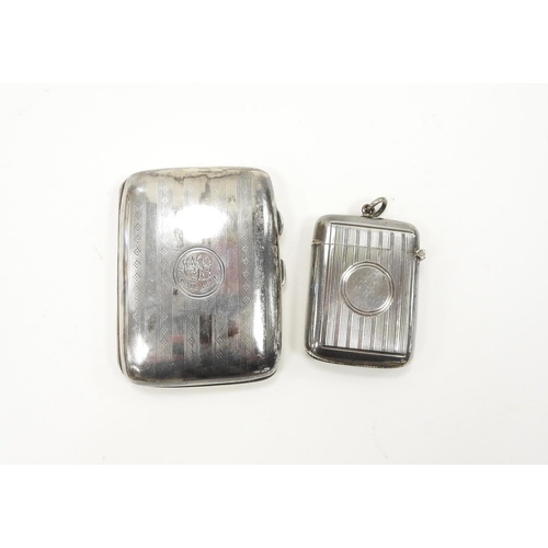 239 - Edwardian silver vesta case by George Unite, Birmingham 1902, 5.5cm x 4.5cm, also a George V silver ... 