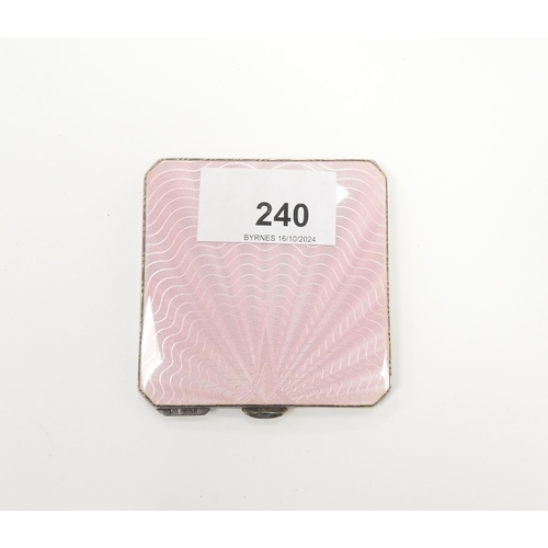 240 - George V silver and pink guilloche enamelled compact, Birmingham 1934, 7cm square, gross weight appr... 