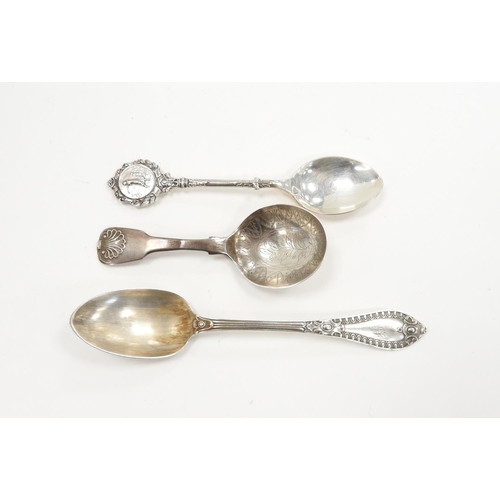 245 - George IV silver fiddle and thread pattern caddy spoon, maker GW, London 1826, also a Victorian Scot... 