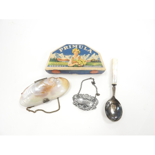 246 - Continental mussel shell purse, 10cm, also a silver and mother of pearl handled preserve spoon, Shef... 