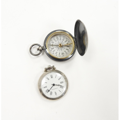 250 - Silver plated pocket compass, 46mm, also a chrome cased crownwind pocket watch, 40mm (2)