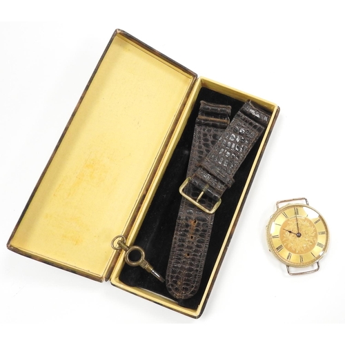 263 - Baume, Geneve, 18ct gold engraved wristwatch (converted), with gold chased dial, cover and plain int... 