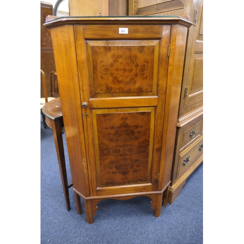 572 - Burr walnut free standing panelled corner cabinet, height 121cm