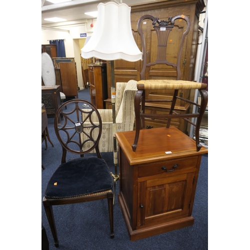 575 - Eastern made hardwood bedside cabinet, width 55cm, also two Victorian mahogany side chairs and an on... 