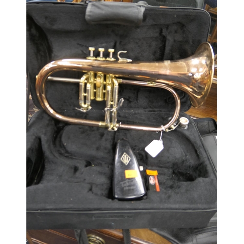 579 - Mirage brass flugelhorn, cased and with K&M mute, with a Wittner metronome, and an adjustable chrome... 