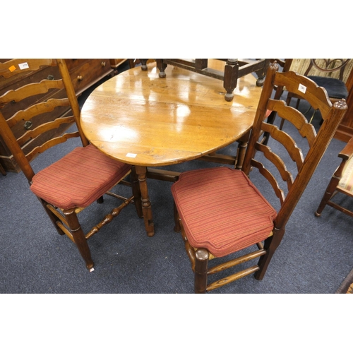 589 - Oak gateleg table, width 101cm, together with four Lancashire ladderback chairs (5)