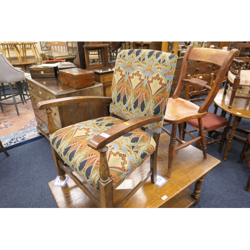 591 - Oak armchair upholstered in Liberty fabric, also a Victorian Oxford bar back kitchen chair (2)