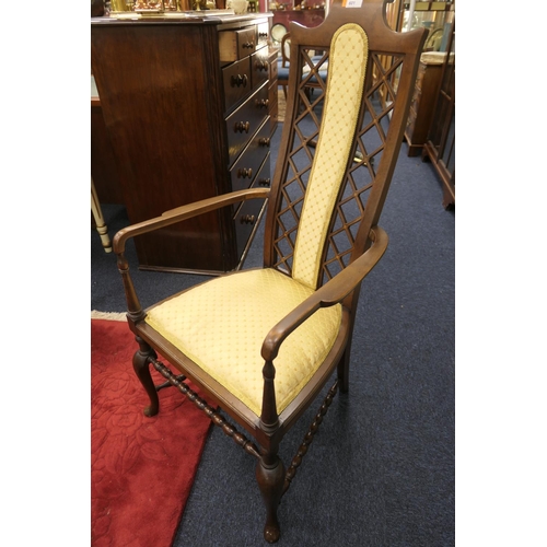 601 - Late Victorian mahogany and inlaid lattice back armchair, circa 1890